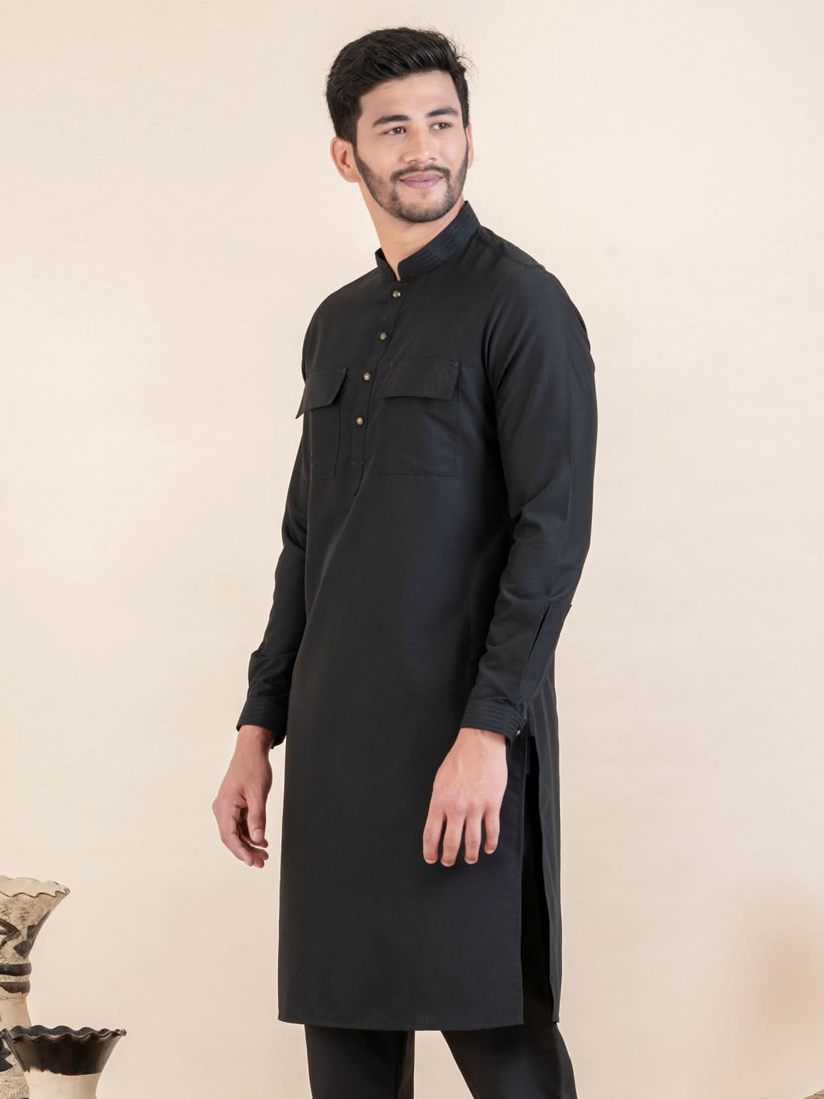 Black Cotton Pathani Kurta Set with Patch pocket