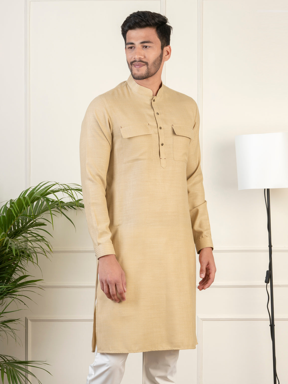 Beige Cotton Pathani Kurta Set with Patch pocket
