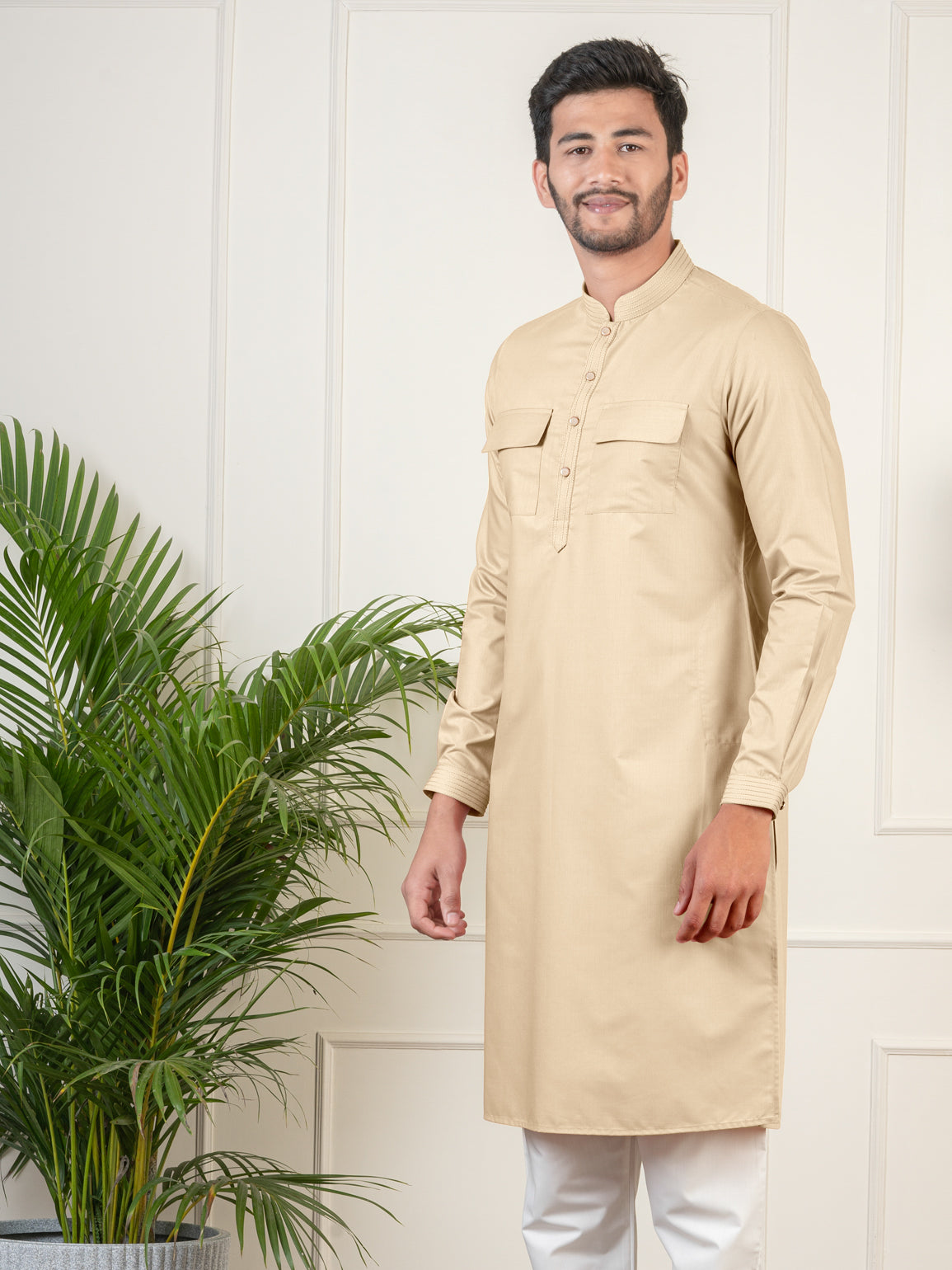 Beige Cotton Pathani Kurta Set with Patch pocket