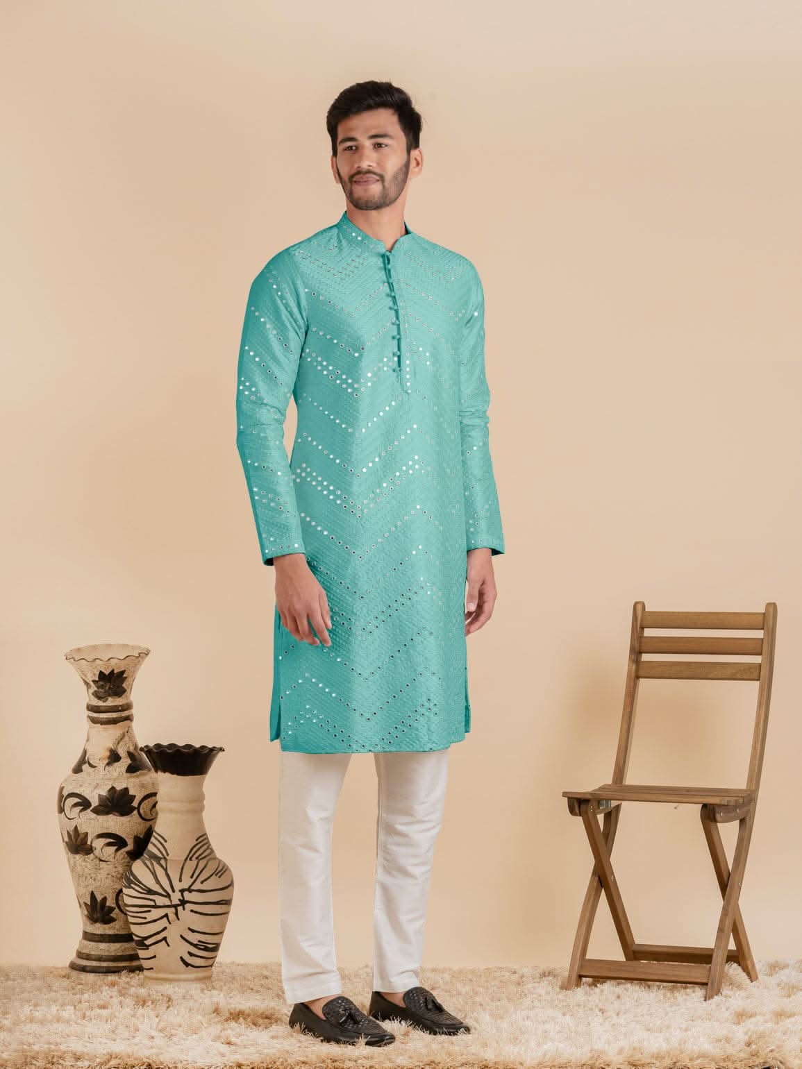 Light Blue Silk Mirror Embroidered Kurta Set