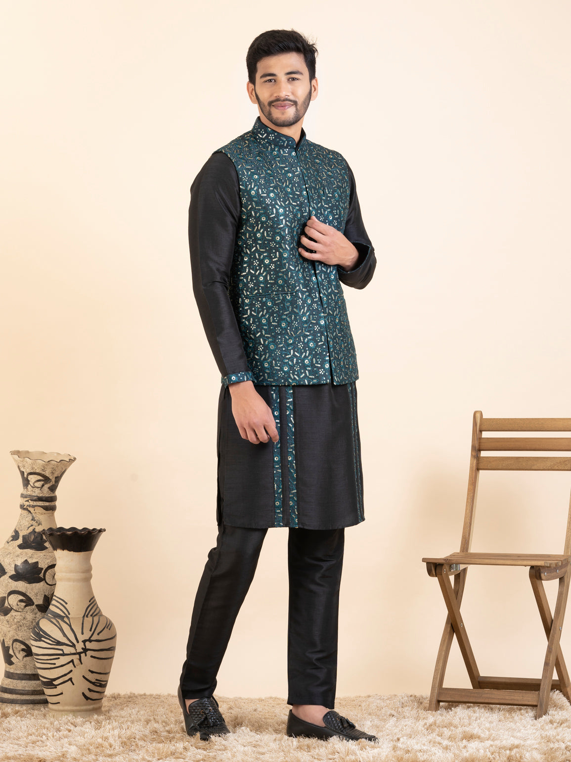 Green Embroidered Jacket Kurta Set