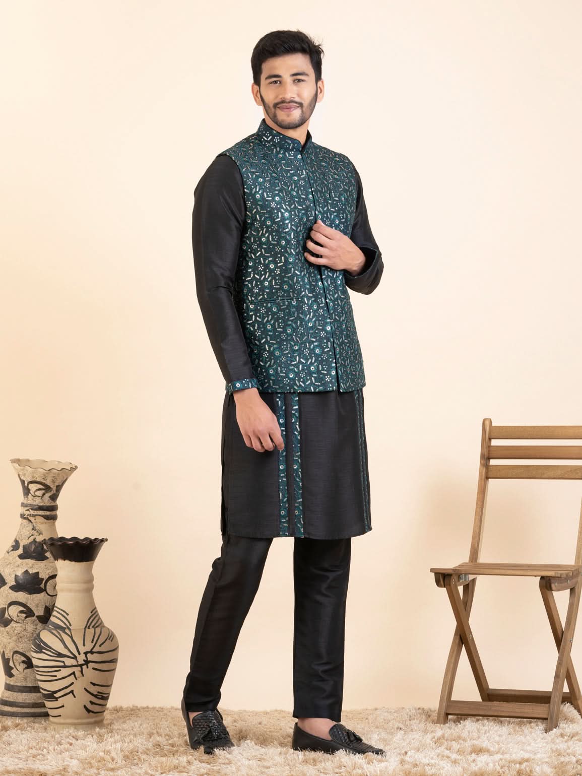 Green Embroidered Jacket Kurta Set