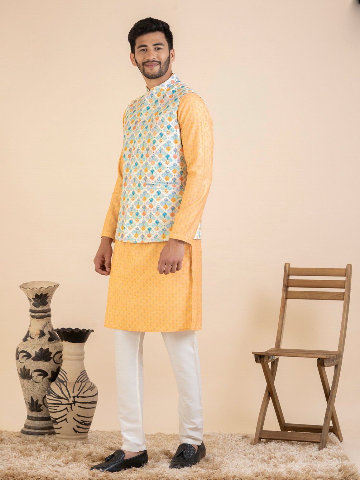 White Vibrant Cotton Printed Jacket Kurta Set