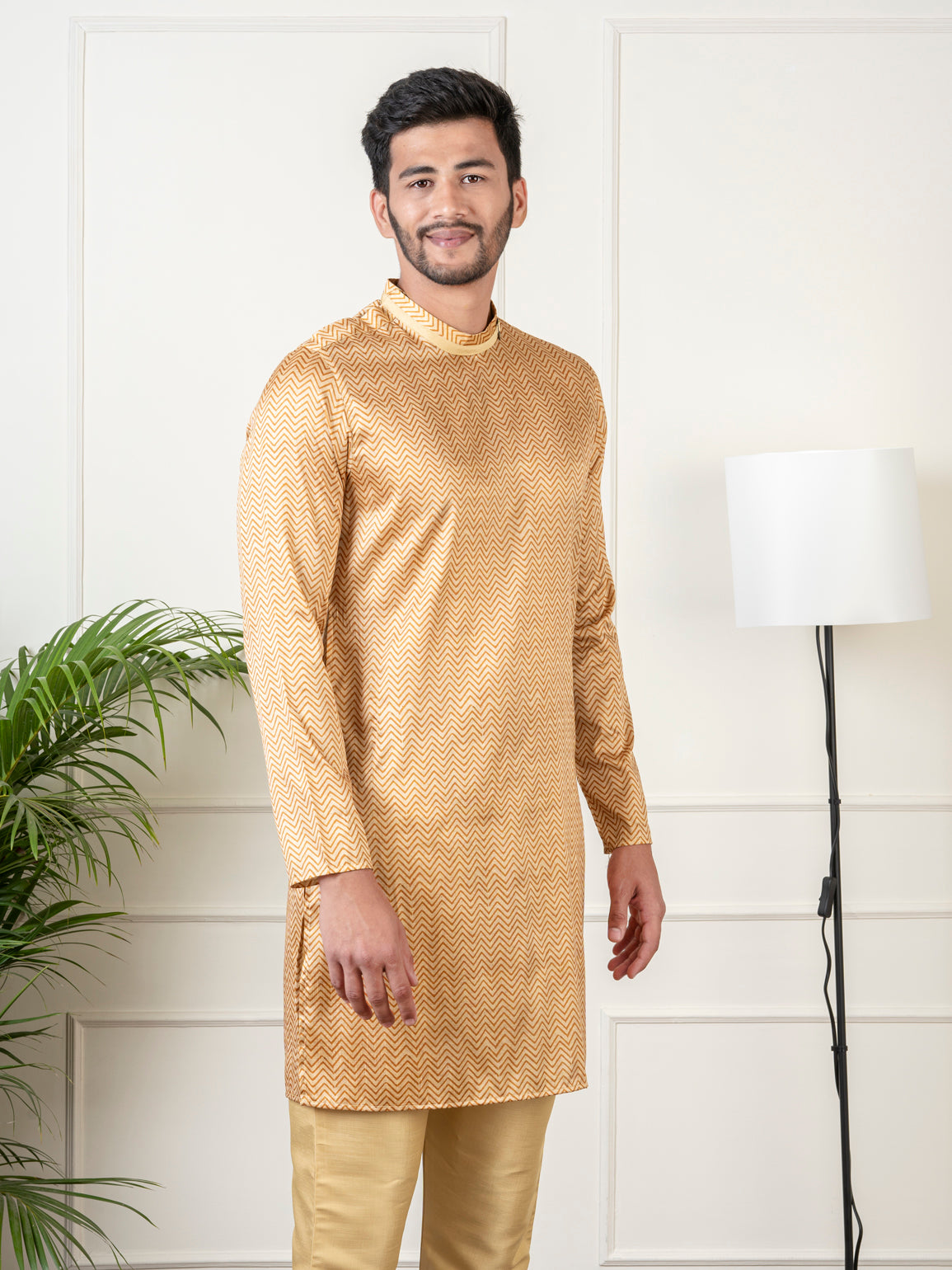 Gold  Harring bone Print Kurta Set
