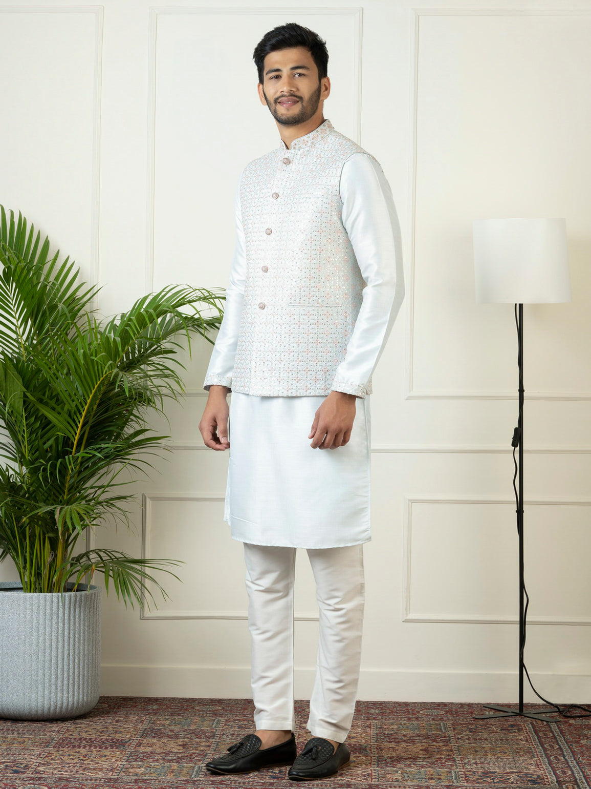 Light Blue Embroidered Jacket Kurta Set