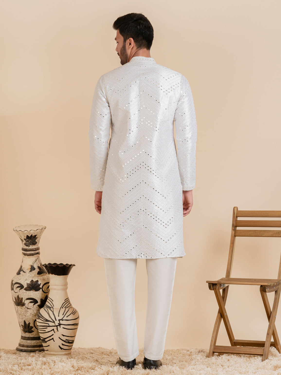 White Silk Mirror Embroidered Kurta Set