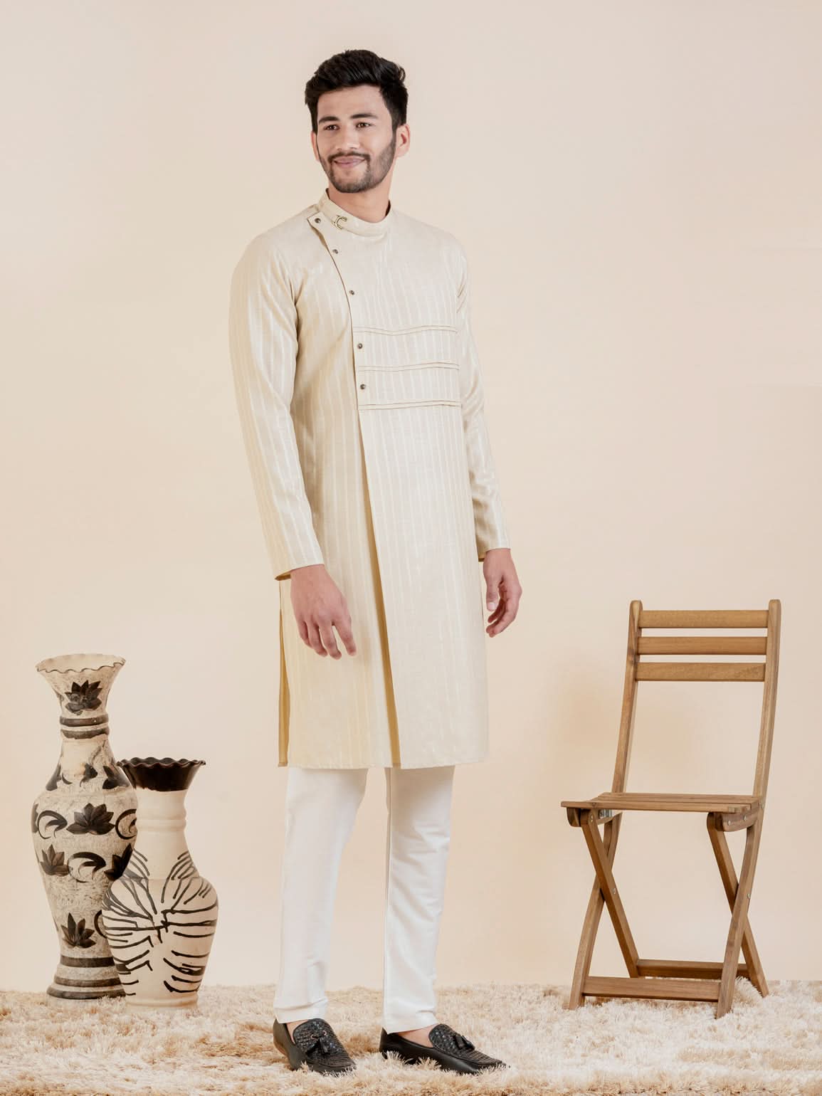 Beige Self Design Side Placket Cotton Kurta Set