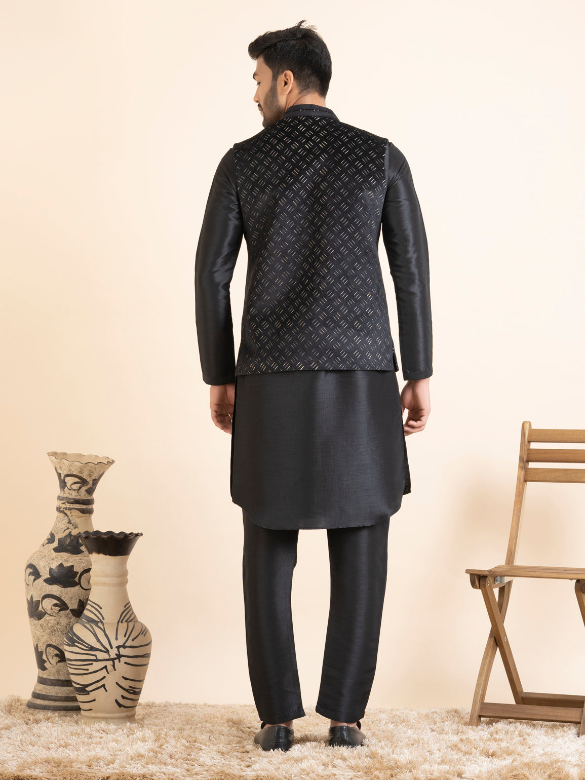 Black Lazer Cut Jacket with Front Open Kurta Set
