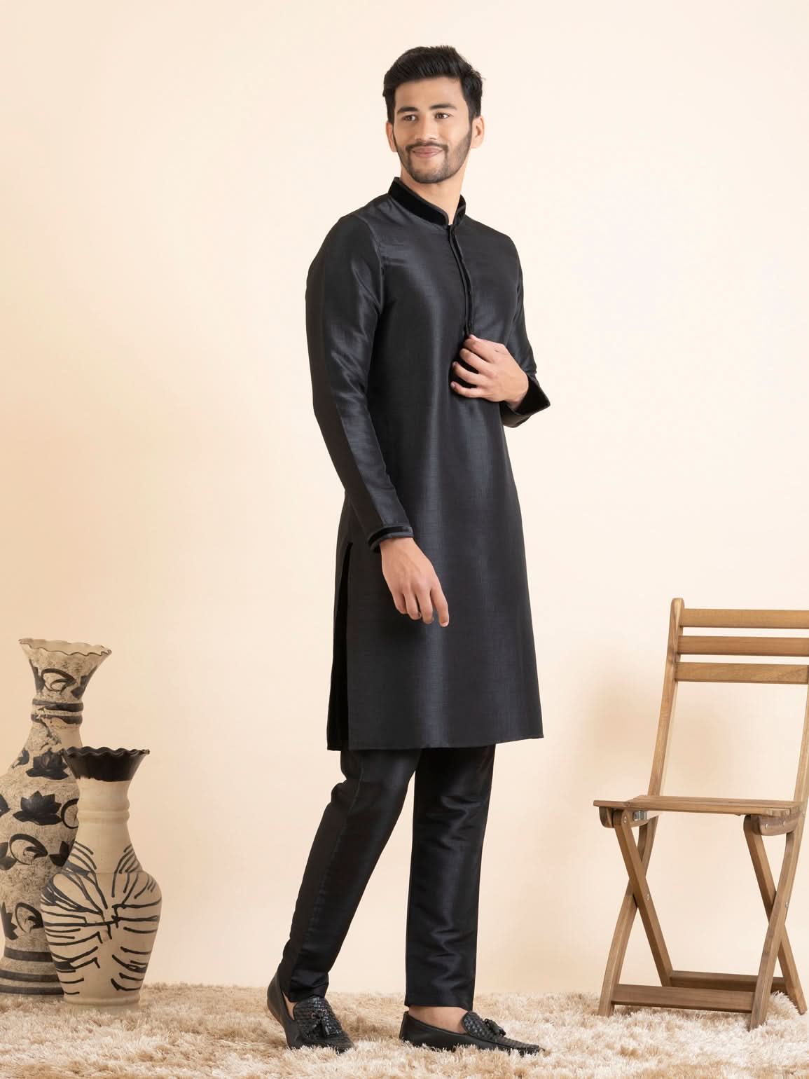 Beige Velvet Printed Cotton Jacket Kurta Set