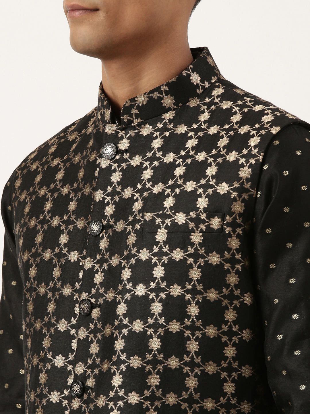 Black Chanderi Jacquard Jacket with Black Booti Chanderi Jacquard Kurta