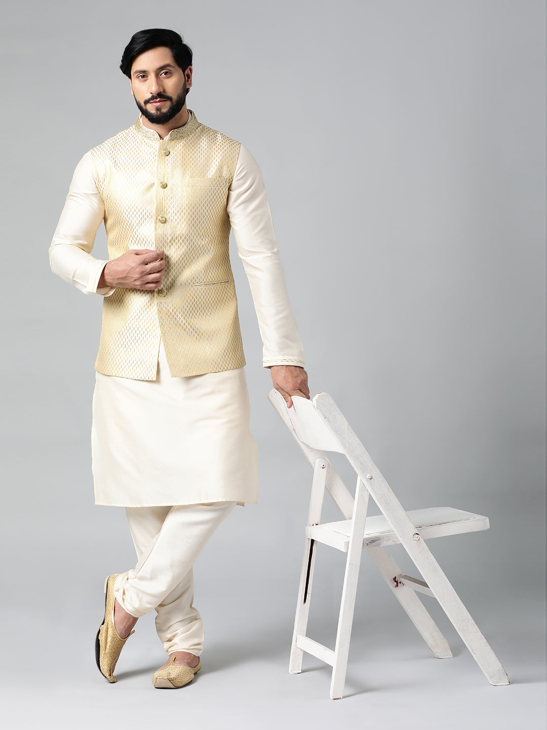 Cream Diamond Gold Motif Jacket with Cream Kurta