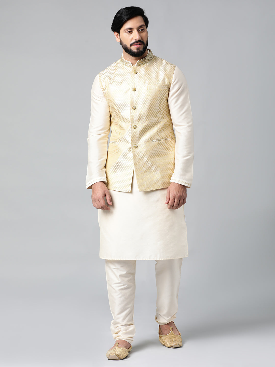 Cream Diamond Gold Motif Jacket with Cream Kurta