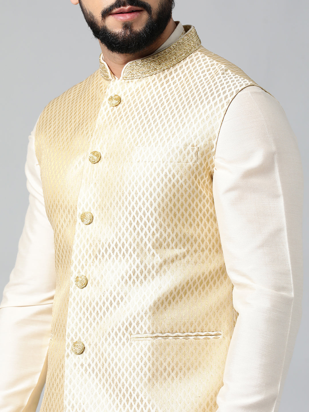 Cream Diamond Gold Motif Jacket with Cream Kurta