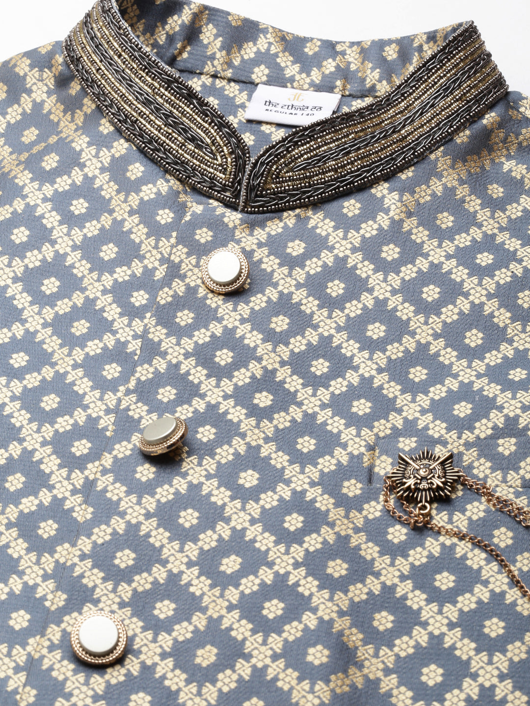 Grey Chanderi Silk Jacket With Cream Kurta
