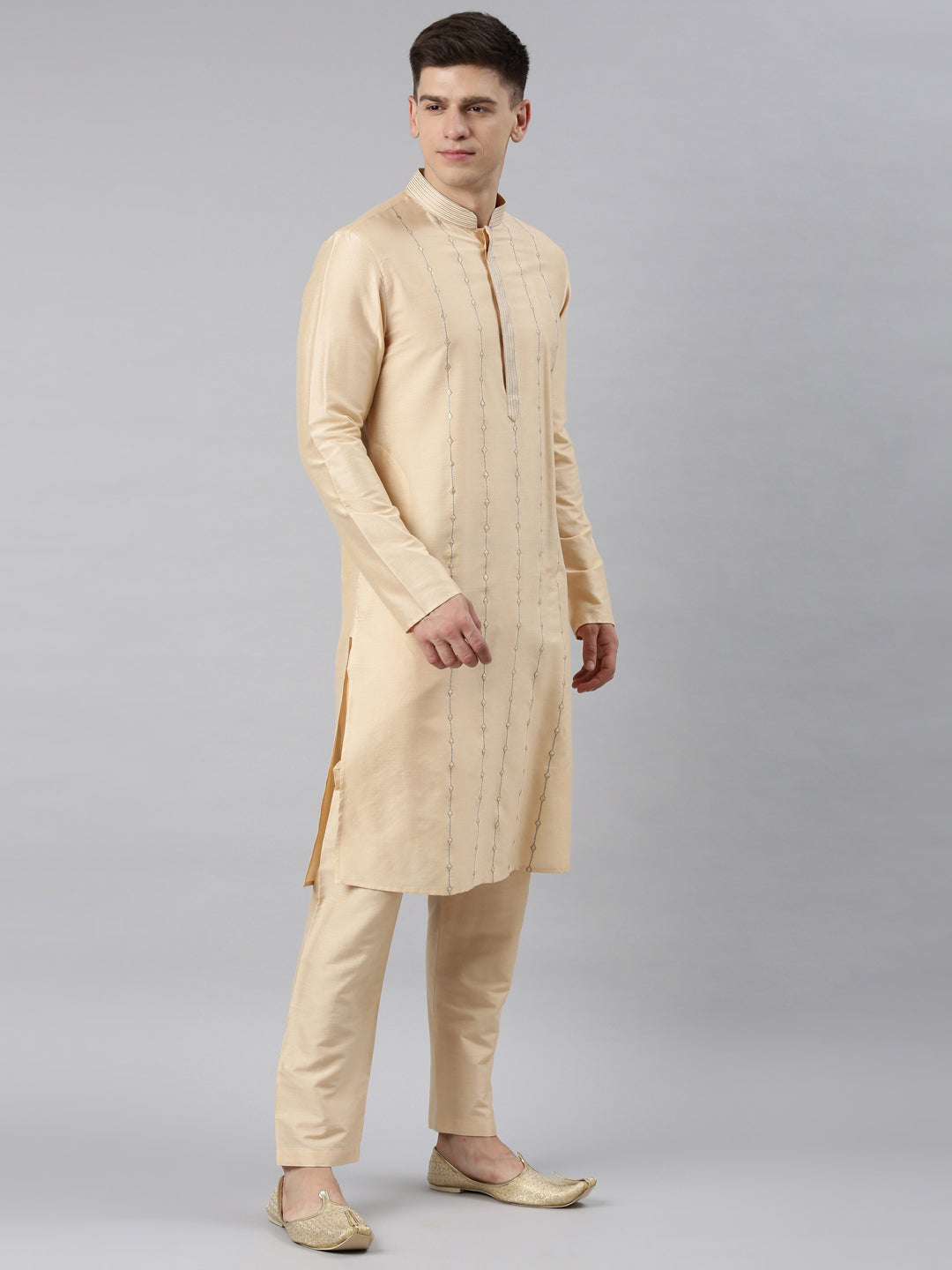 Grey Chanderi Silk Jacket With Cream Kurta
