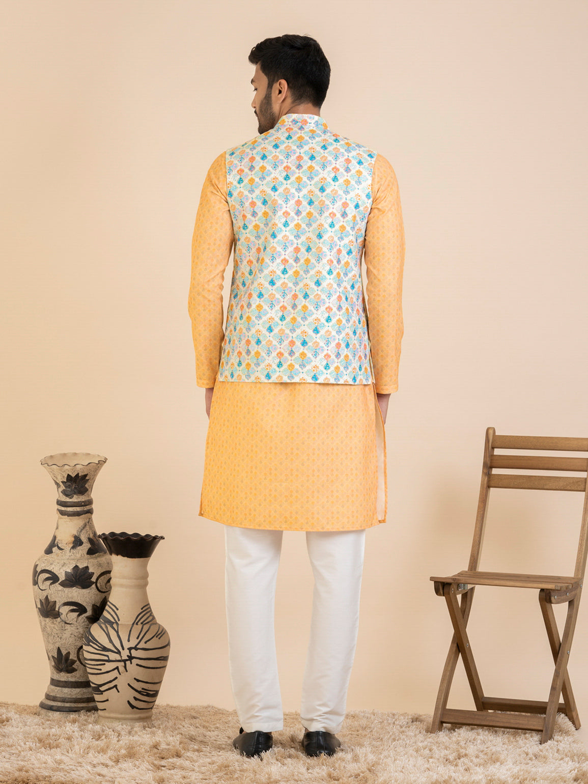 White Vibrant Cotton Printed Jacket Kurta Set