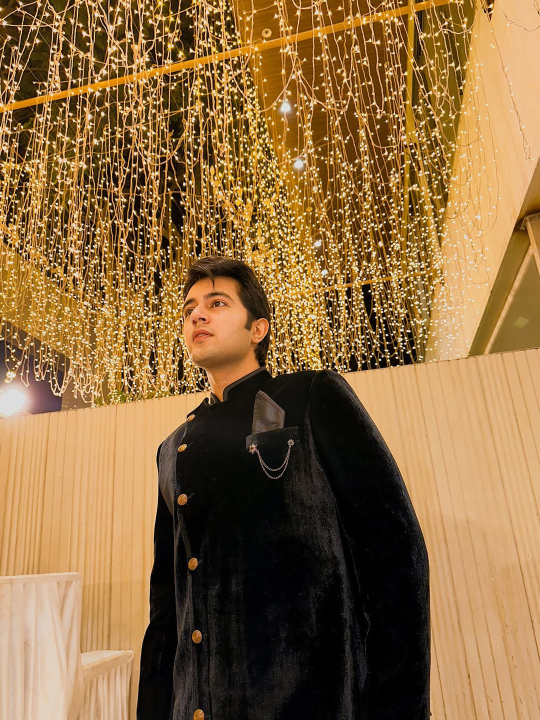 Rishabh Chawla in Black velvet Asymmetric Indowestern