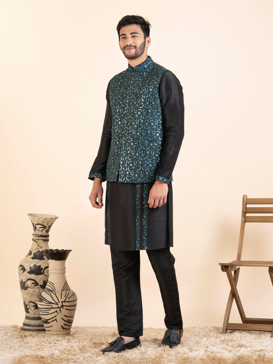 Green Embroidered Jacket Kurta Set