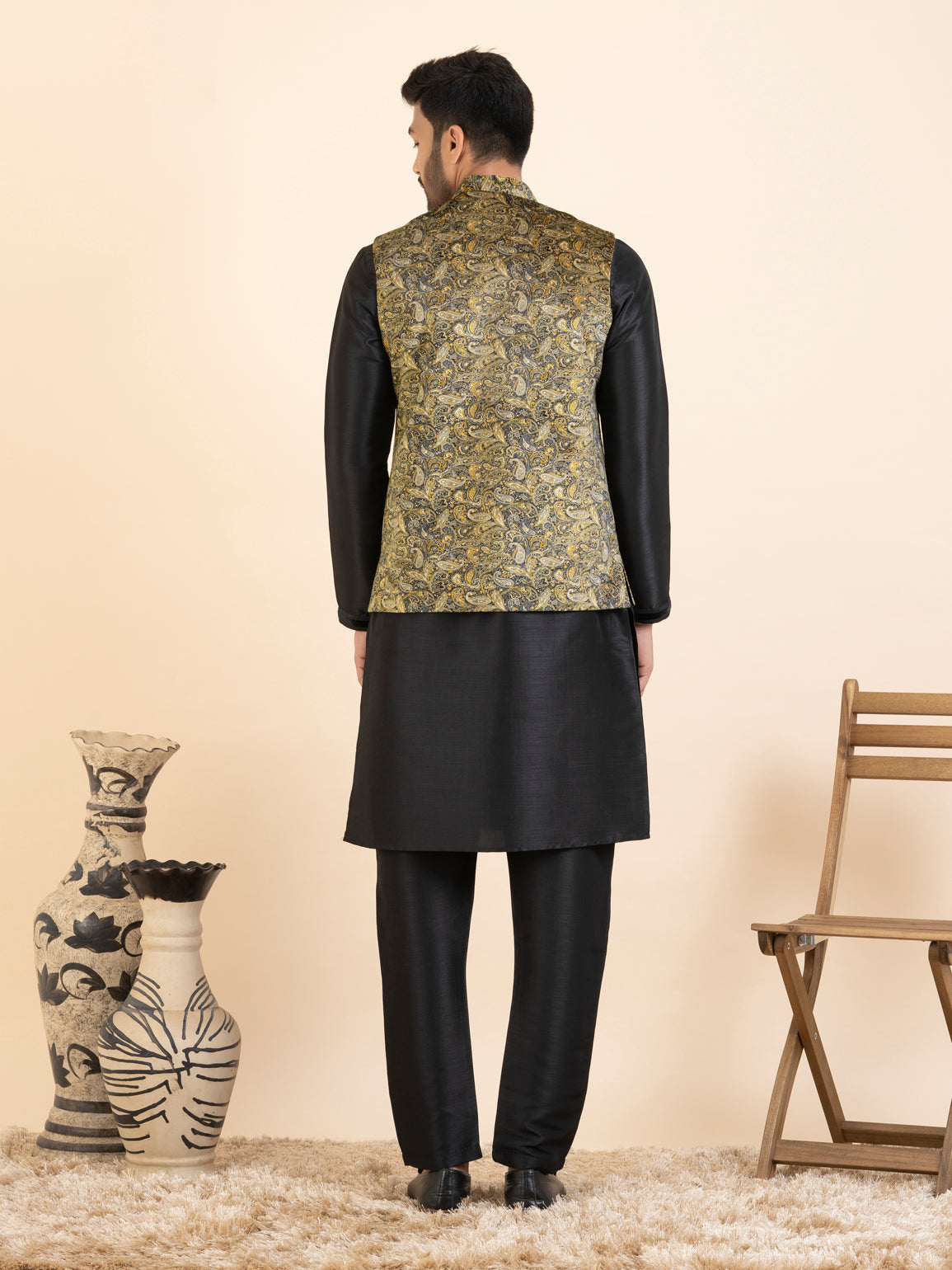 Beige Velvet Printed Cotton Jacket Kurta Set
