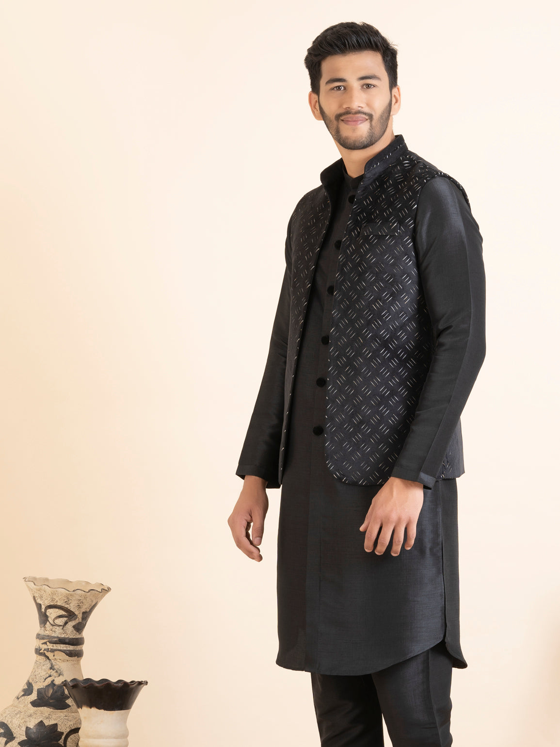 Black Lazer Cut Jacket with Front Open Kurta Set