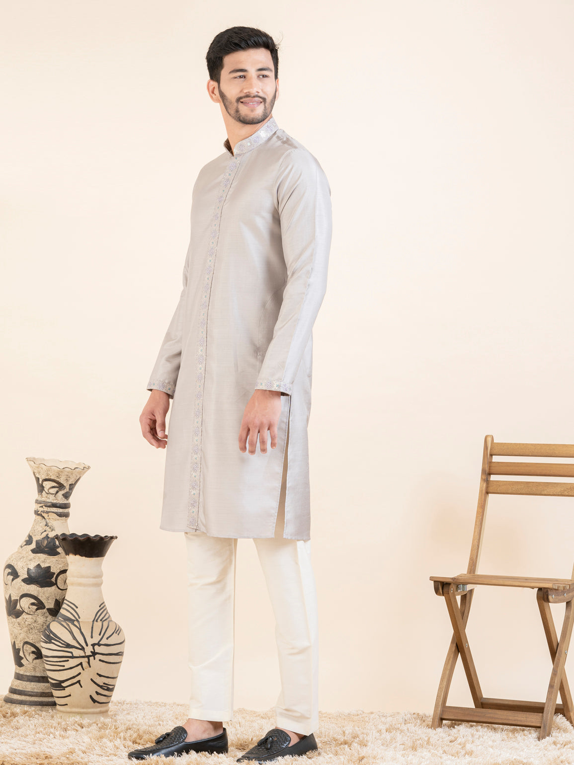 Lilac Embroidered Long Jacket Kurta Set