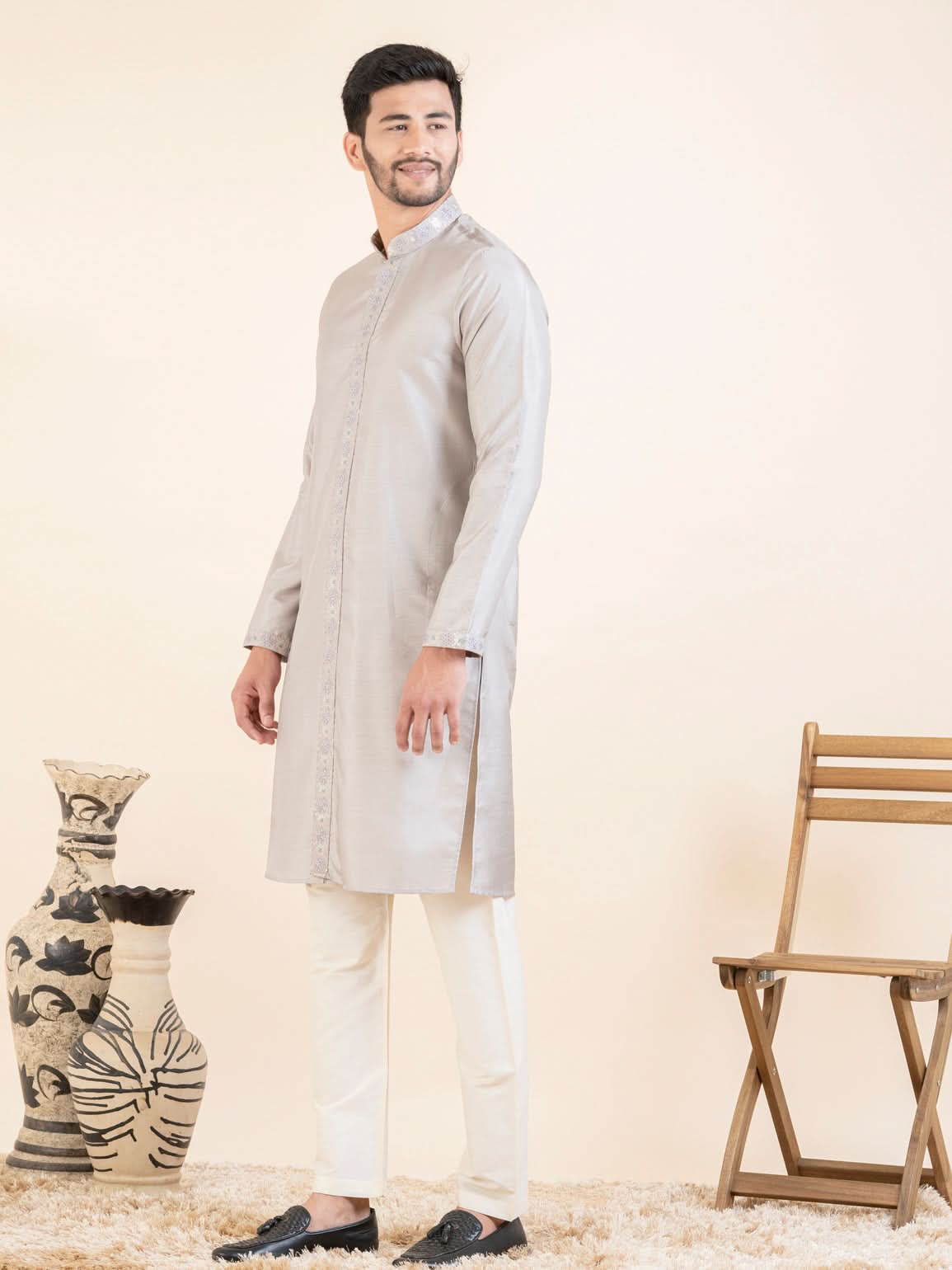 Lilac Embroidered Long Jacket Kurta Set