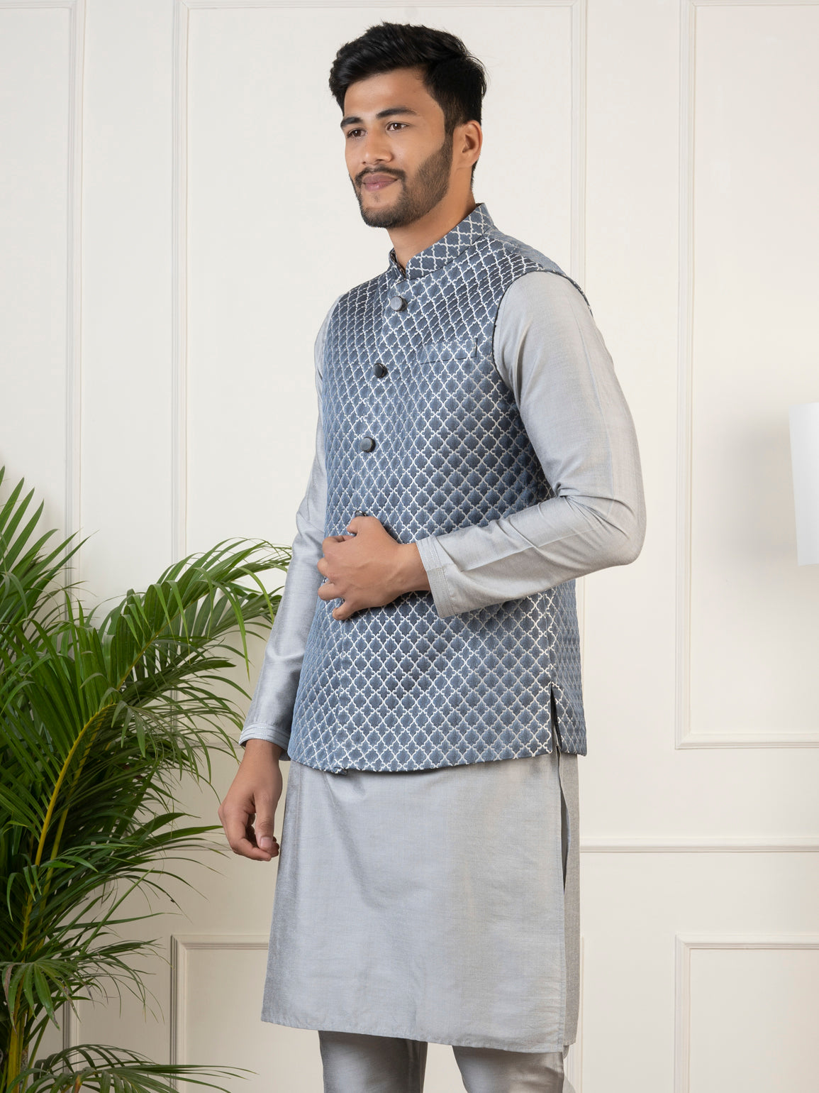 Bluish-Grey Jacquard Jacket With Grey Kurta
