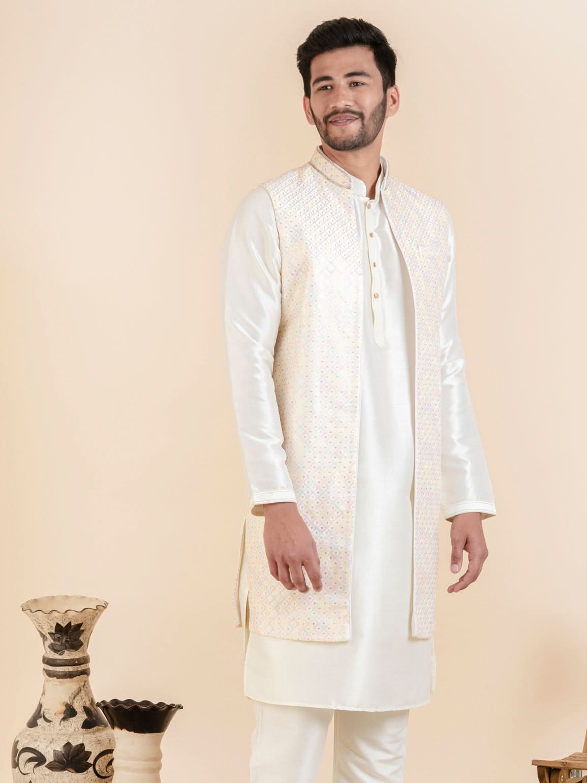 Off White Embroidered Bundi With Kurta Set