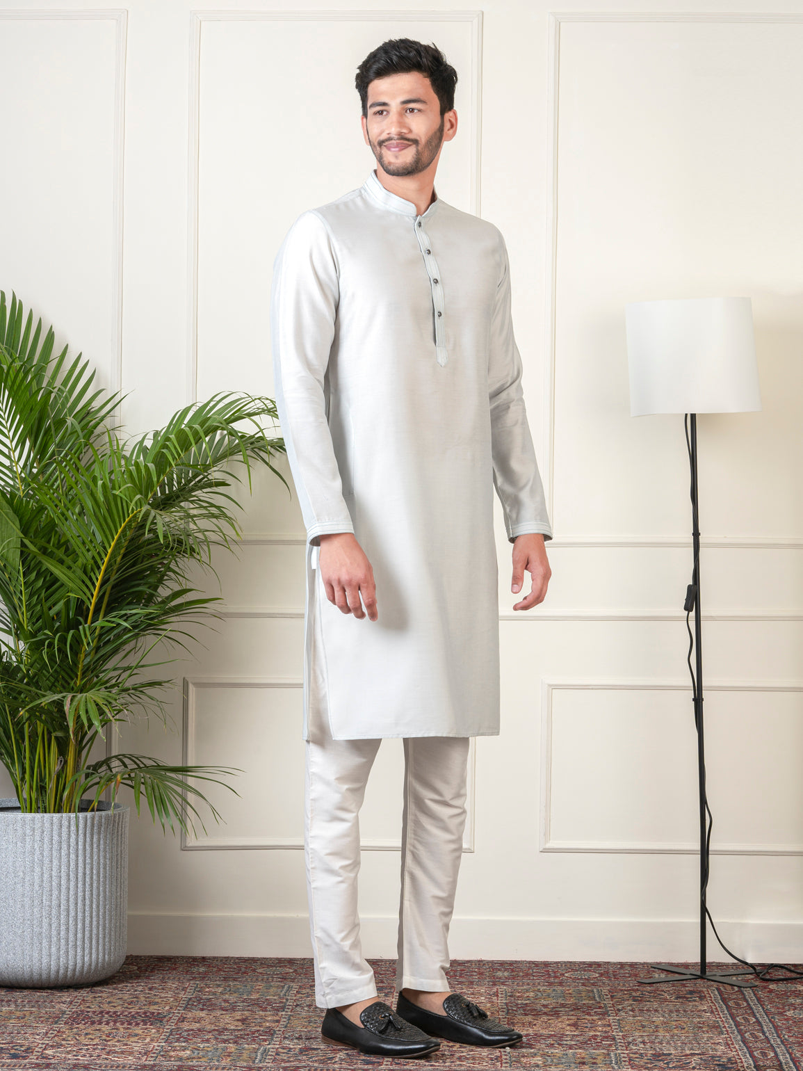 Ivory Grey Jacquard Jacket Kurta Set