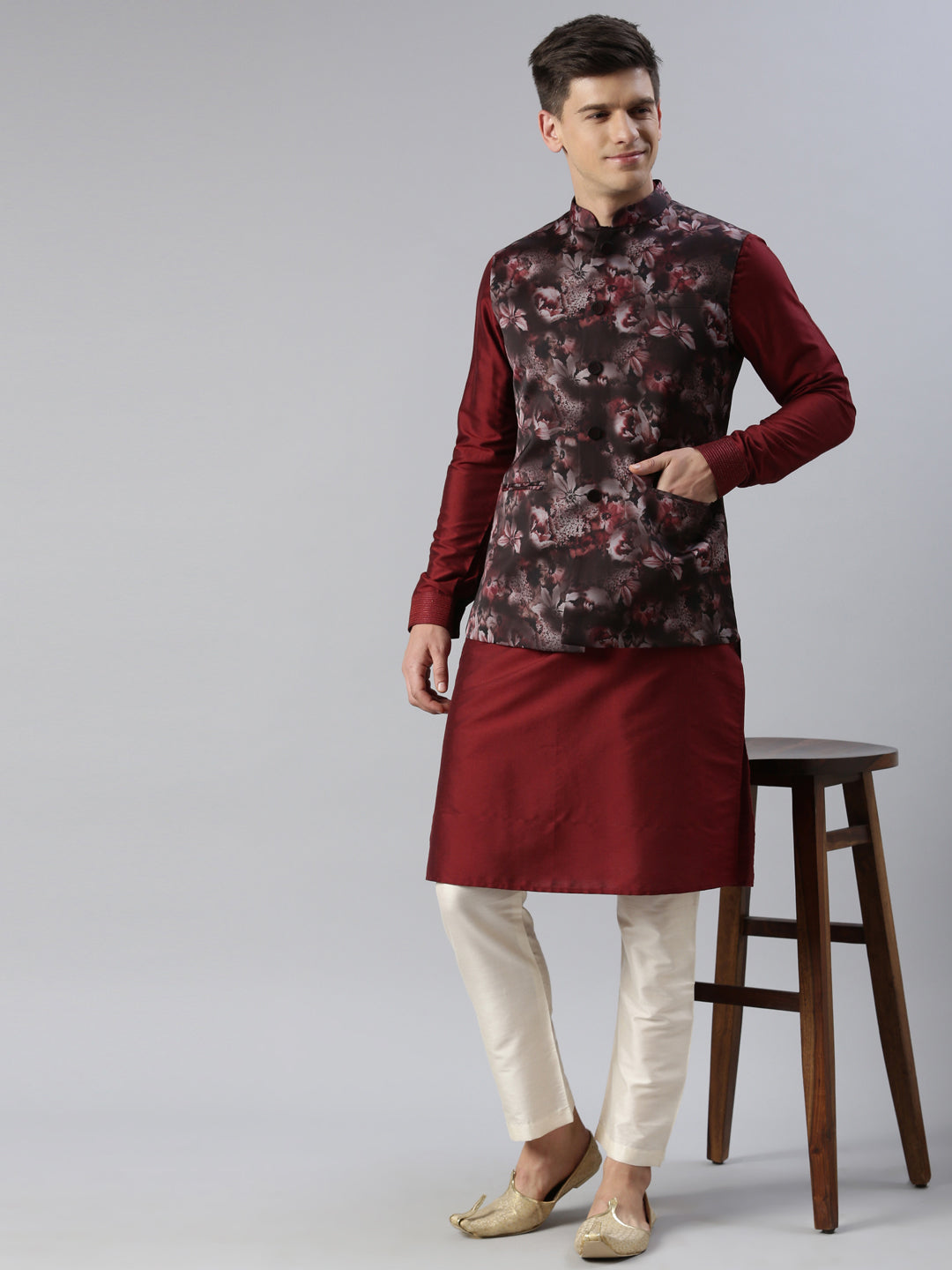 Maroon Floral Jacket With Kurta Set