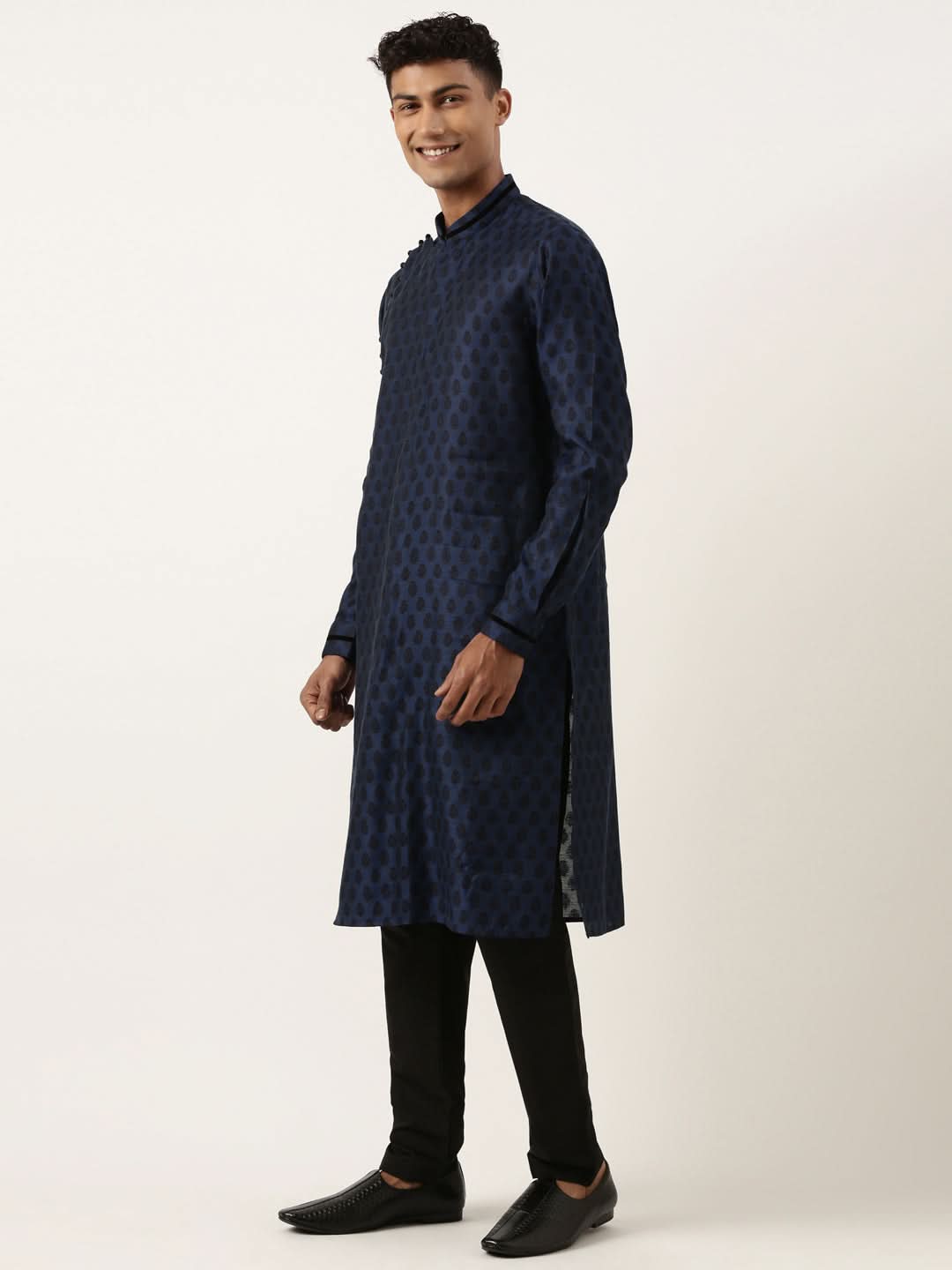 Navy Jacquard Black Booti Chanderi Silk kurta set
