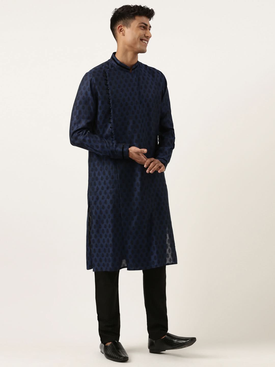 Navy Jacquard Black Booti Chanderi Silk kurta set