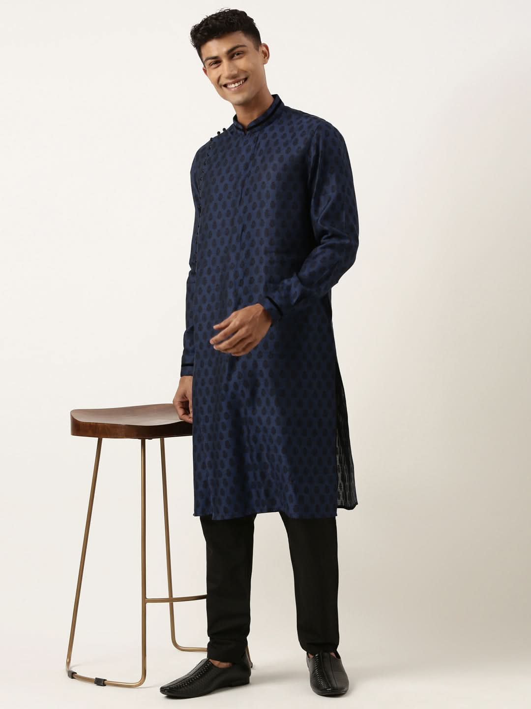 Navy Jacquard Black Booti Chanderi Silk kurta set