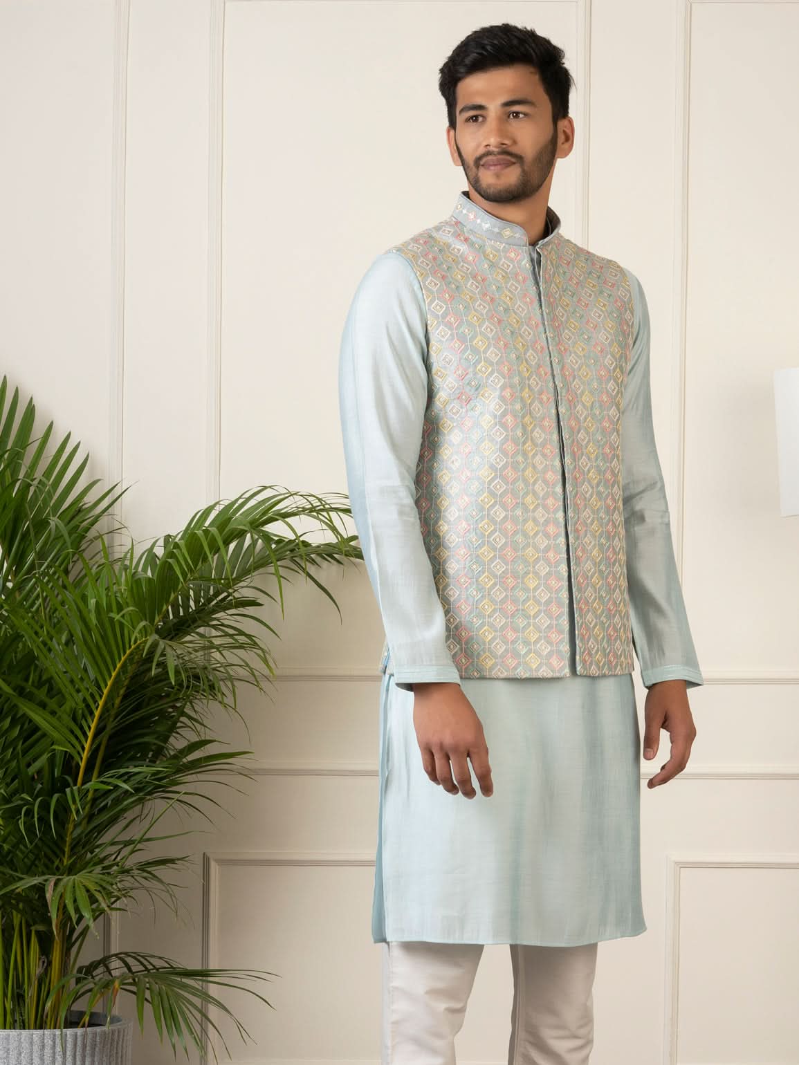 Grey Embroidered Jacket Kurta Set
