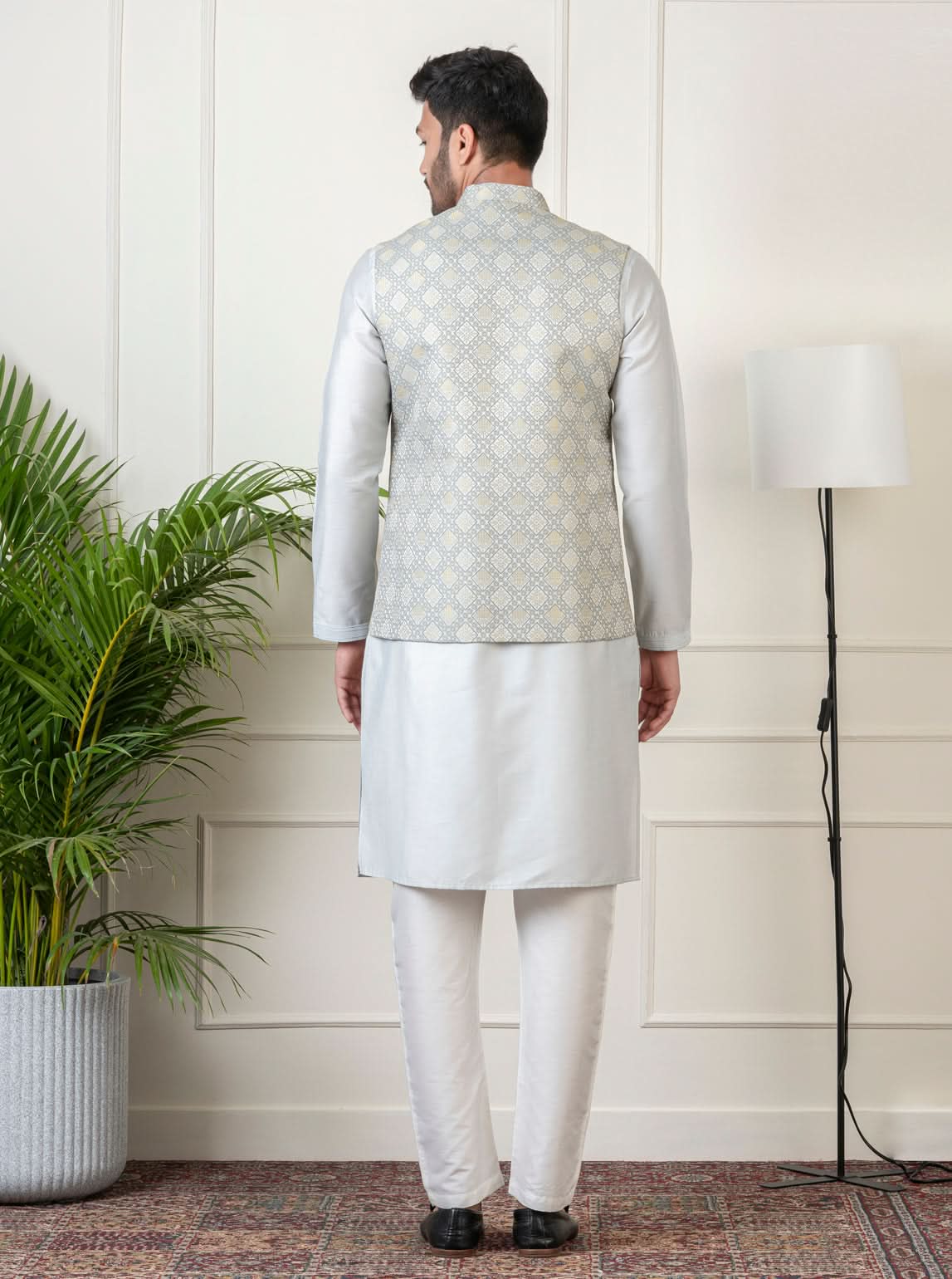 Ivory Grey Jacquard Jacket Kurta Set