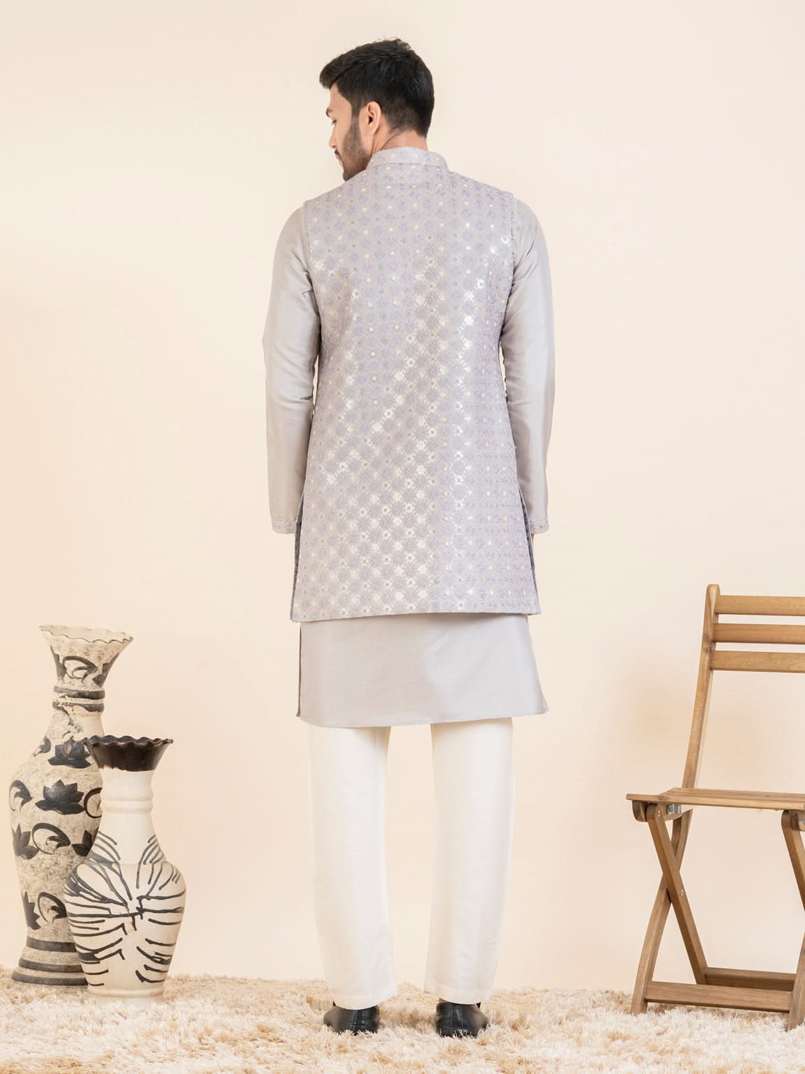 Lilac Embroidered Long Jacket Kurta Set