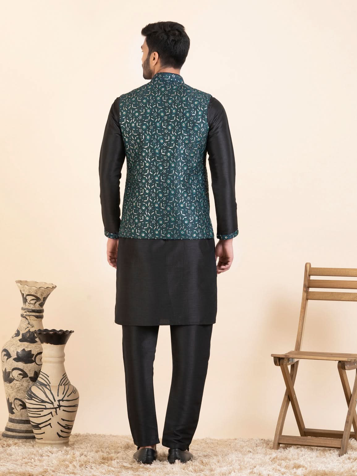 Green Embroidered Jacket Kurta Set