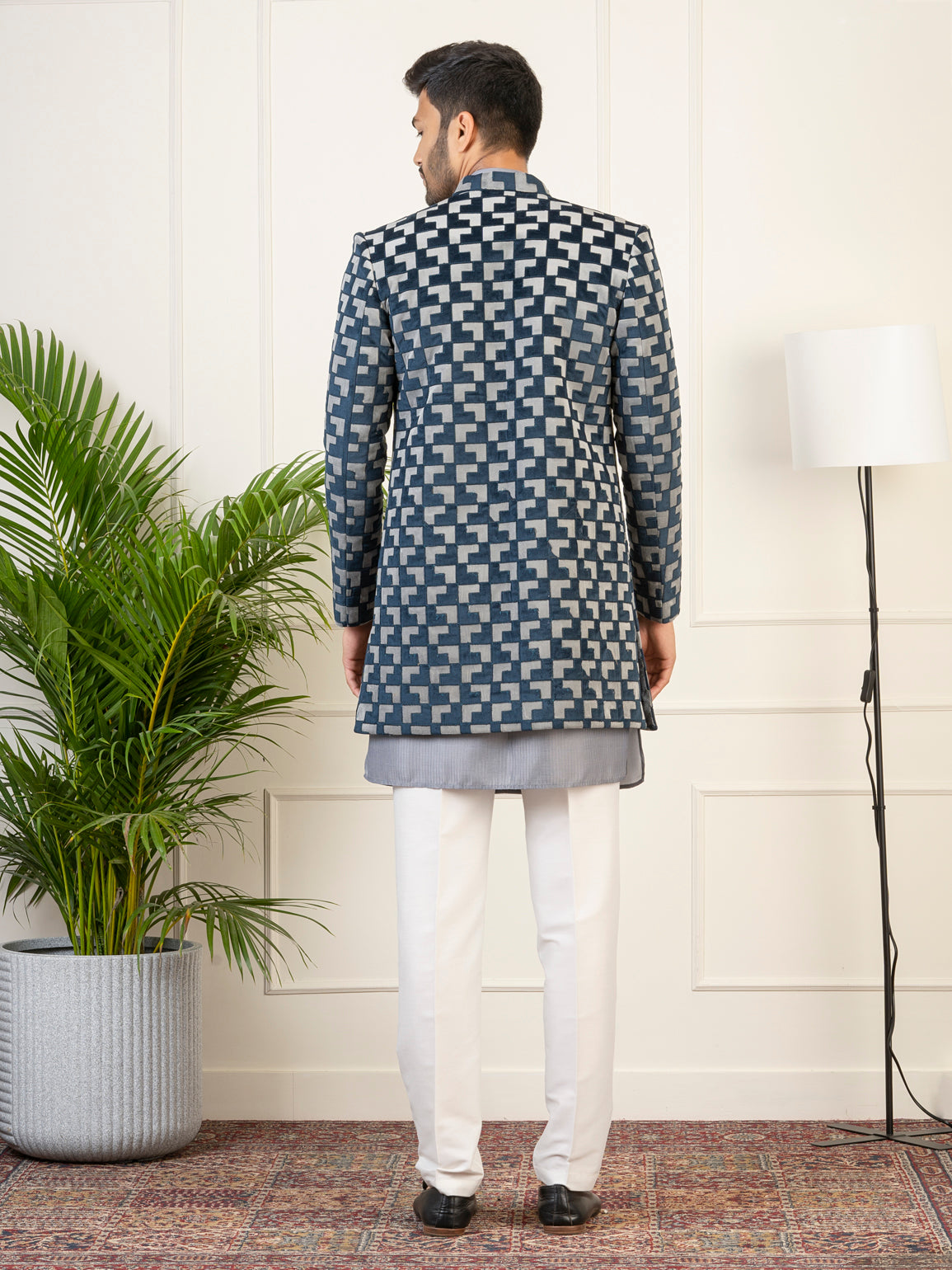 Grey Navy Velvet Indowestern
