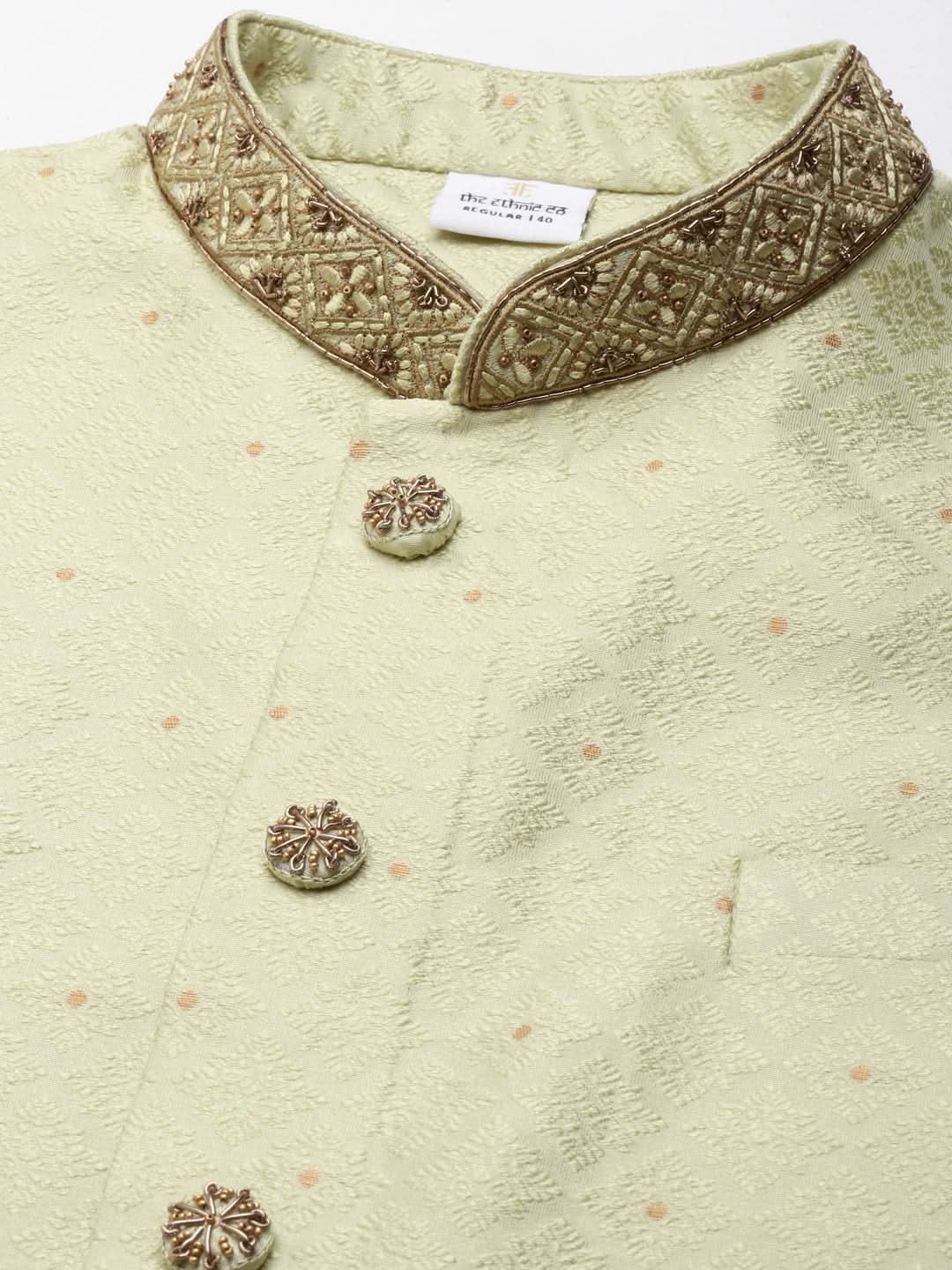 Mint Green Jacquard Jacket With Drape Kurta