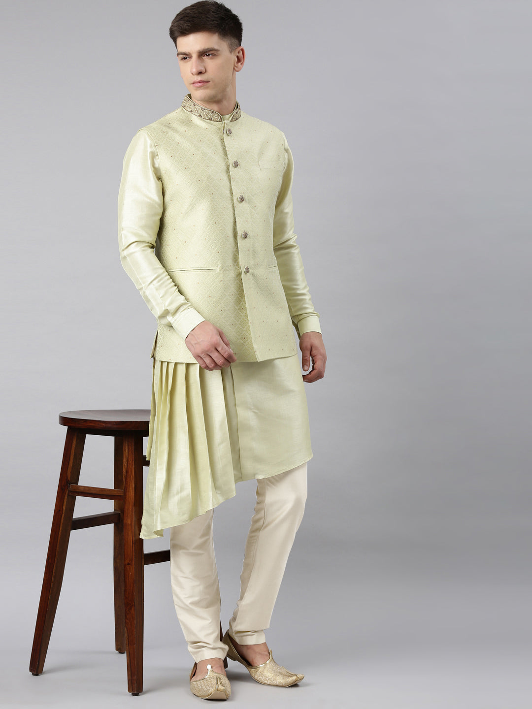 Mint Green Jacquard Jacket With Drape Kurta