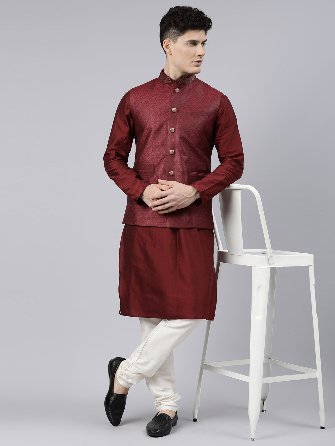 Maroon Jacquard Bundi With Maroon Kurta