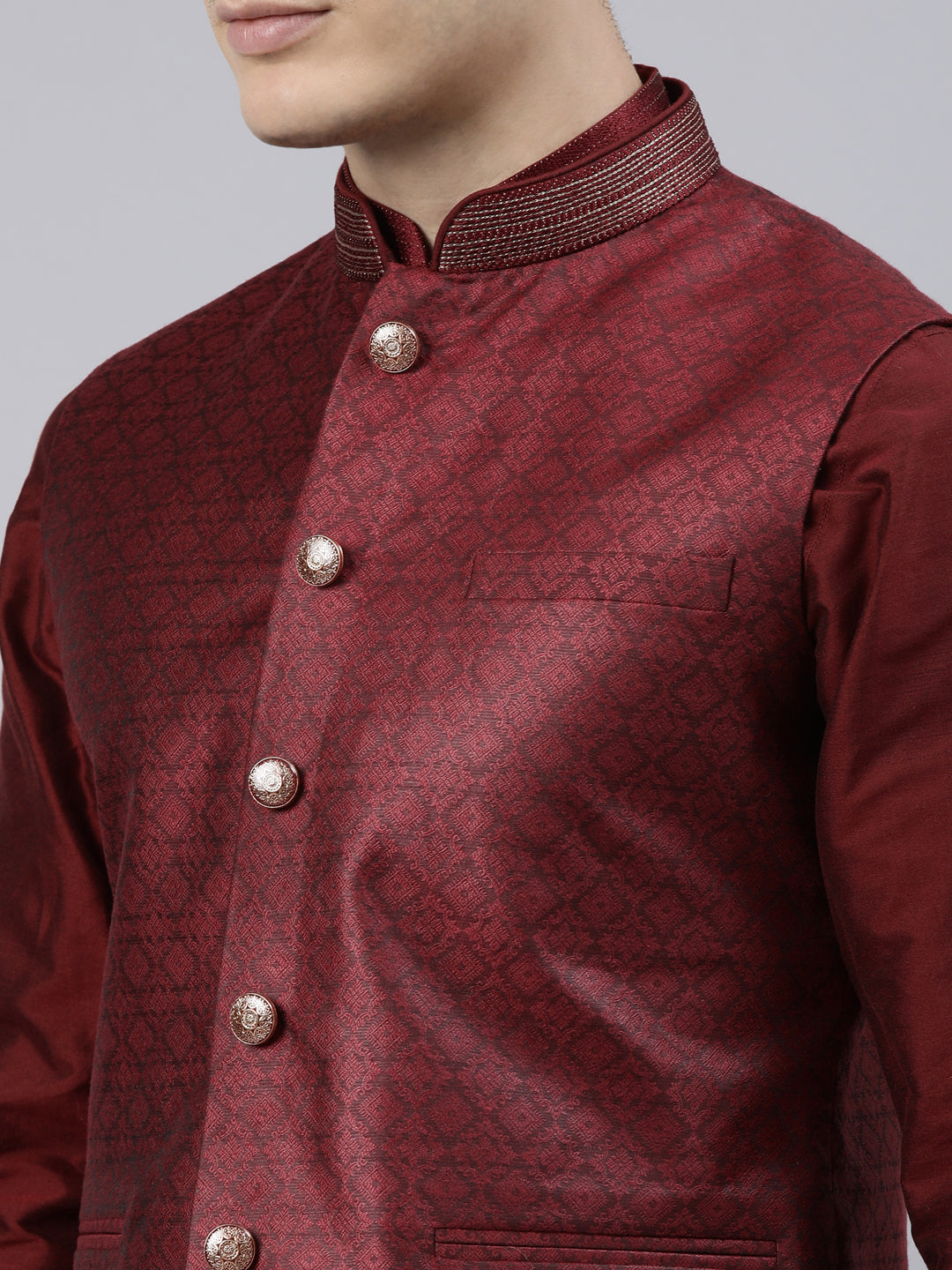 Maroon Jacquard Bundi With Maroon Kurta