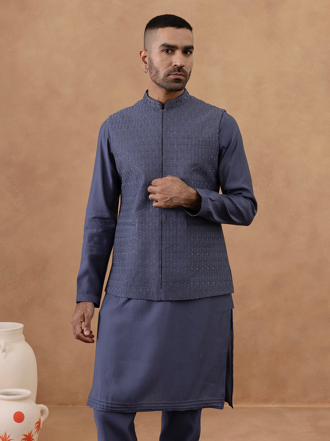 Steel Blue Grey Embroidered Long Jacket Kurta Set