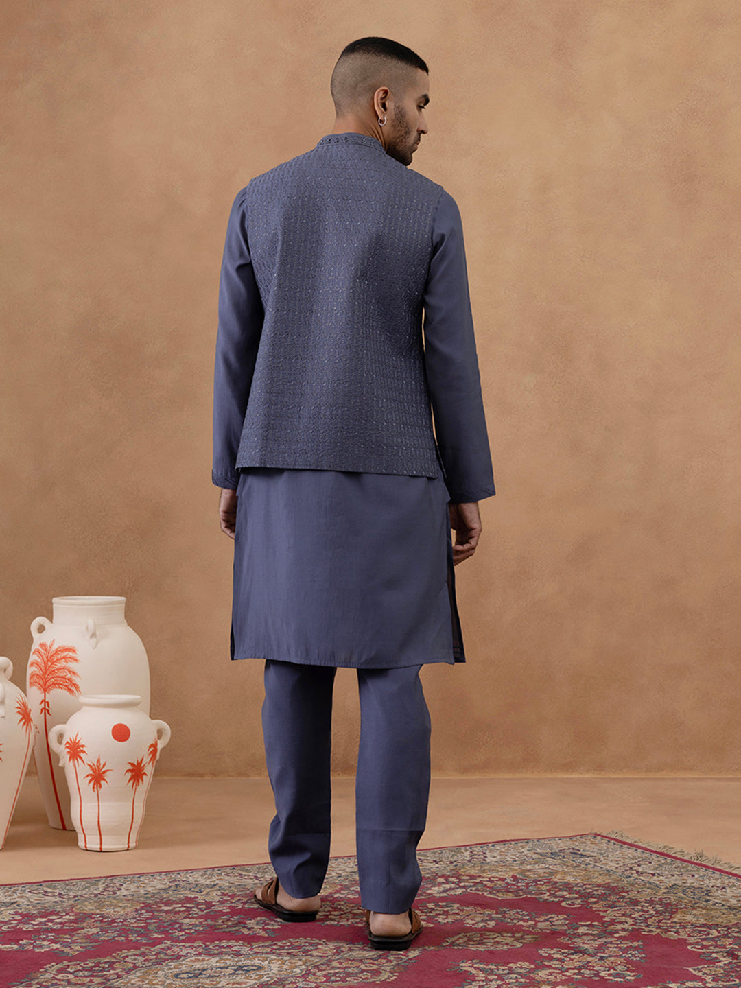 Steel Blue Grey Embroidered Long Jacket Kurta Set