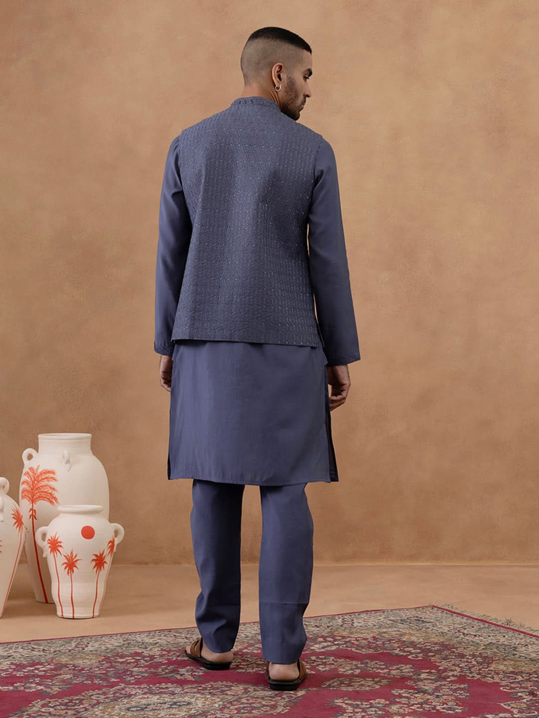 Steel Blue Grey Embroidered Long Jacket Kurta Set