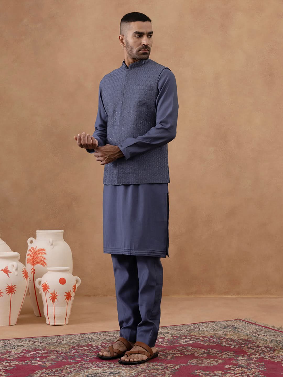 Steel Blue Grey Embroidered Long Jacket Kurta Set