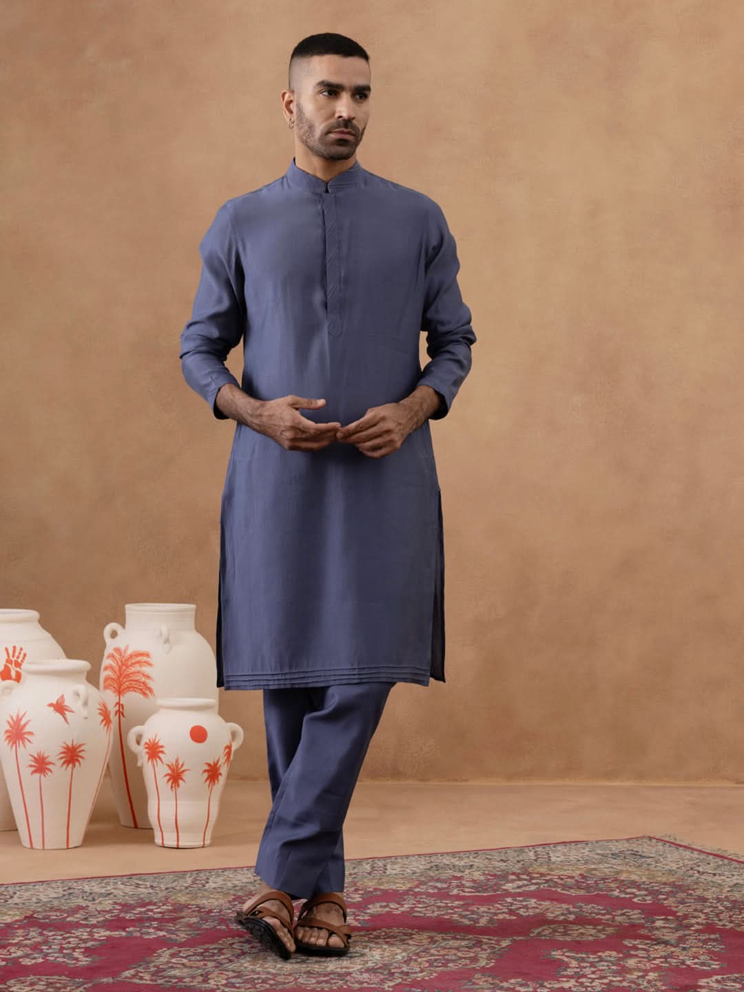 Steel Blue Grey Embroidered Long Jacket Kurta Set