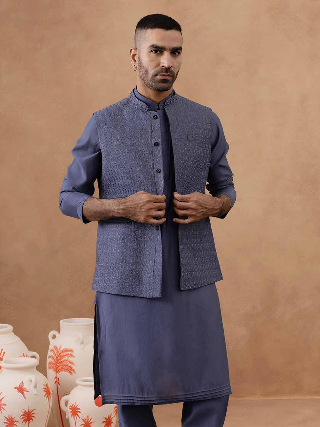 Steel Blue Grey Embroidered Long Jacket Kurta Set