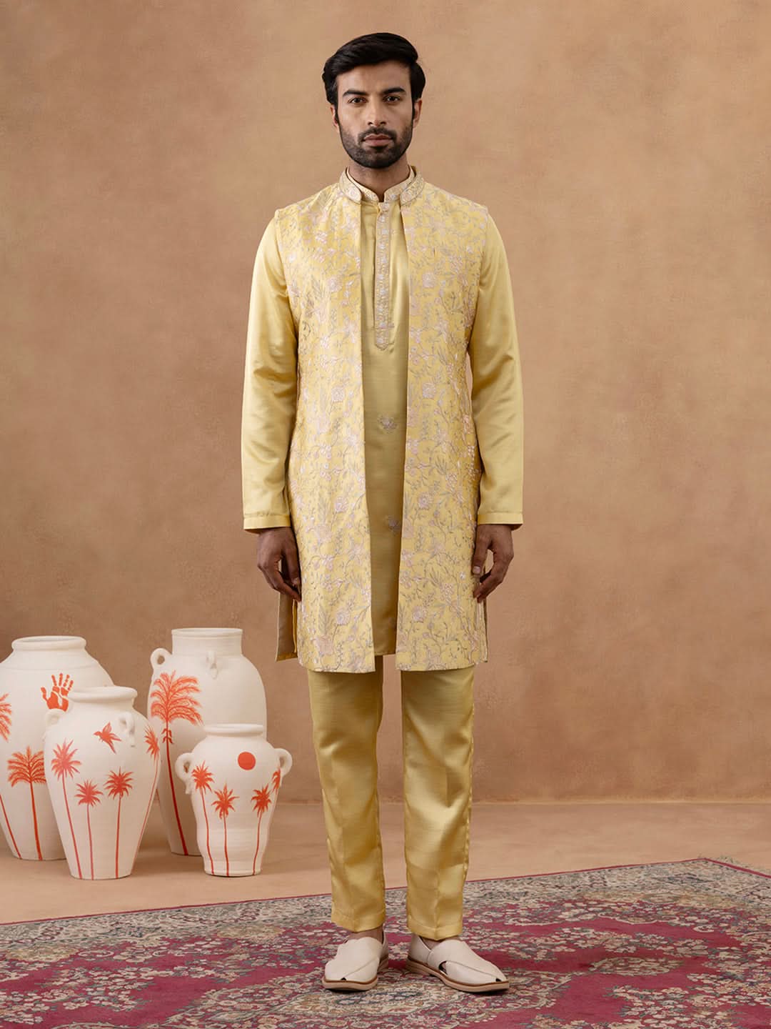Yellow Long Bundi Kurta Set