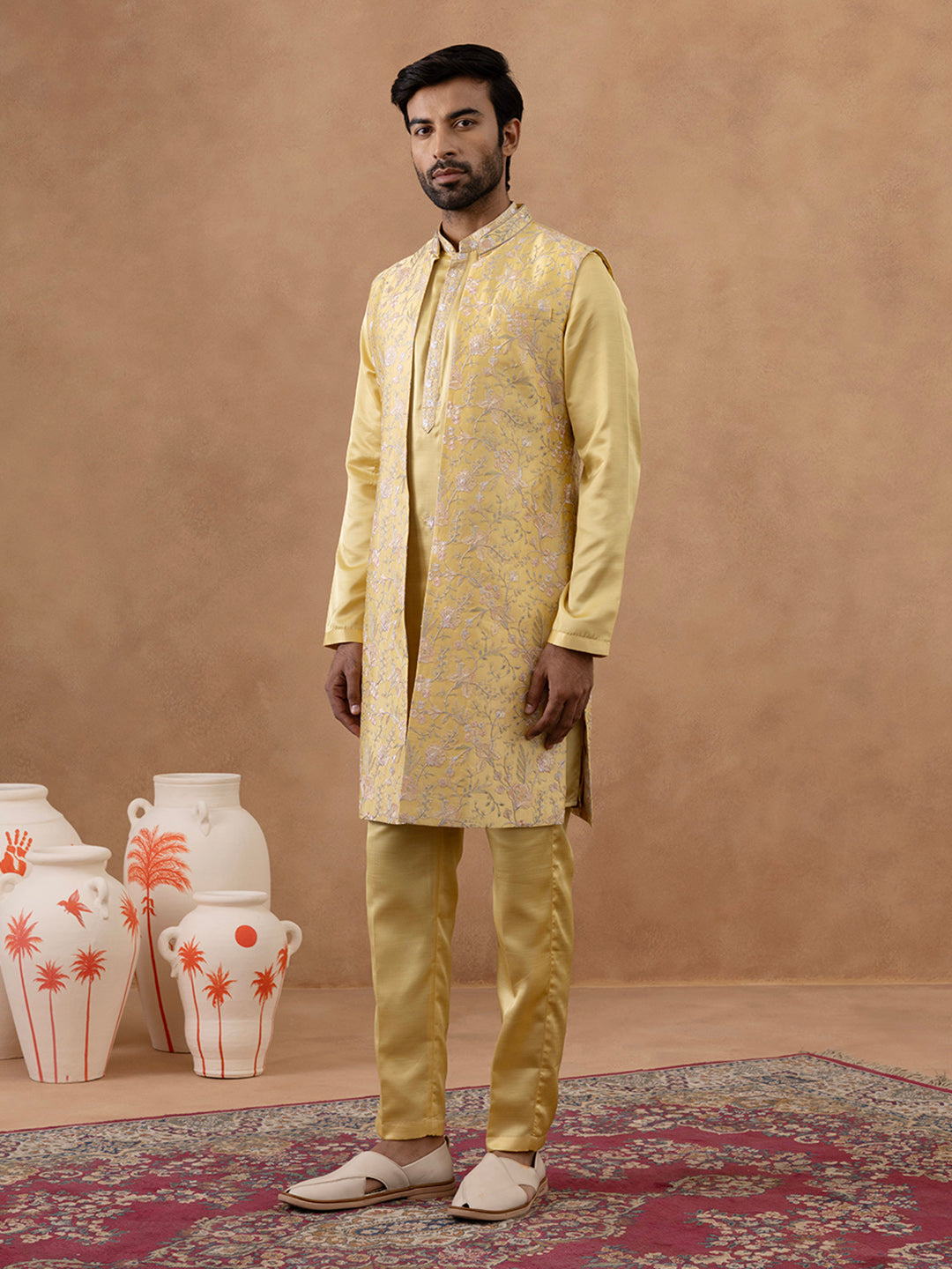Yellow Long Bundi Kurta Set